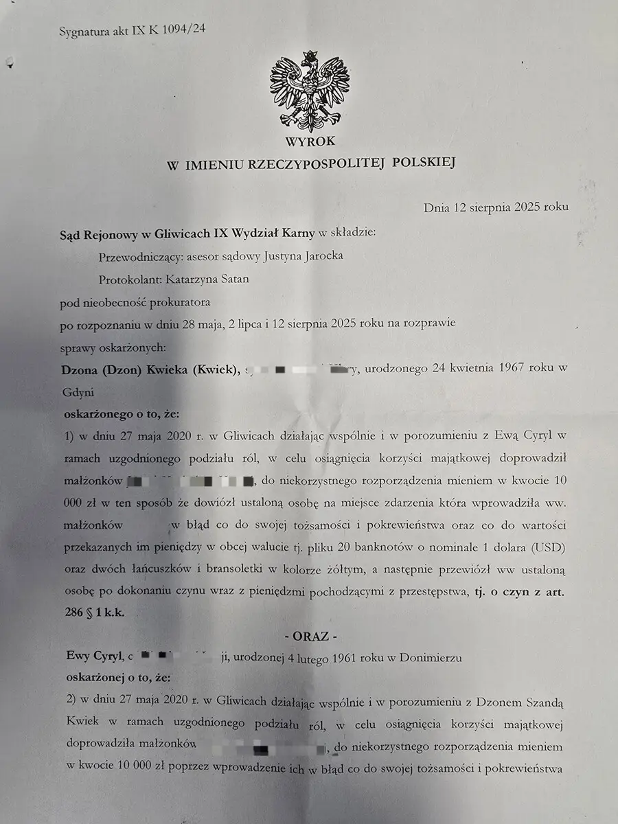 Wyrok skazujący Dzona Kwieka i Ewę Cyryl za oszustwo