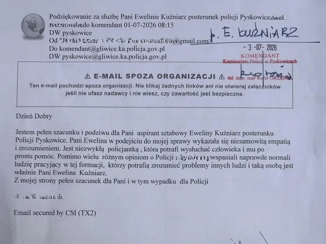 Podziękowania dla policjantki z Gliwic za empatię i pomoc