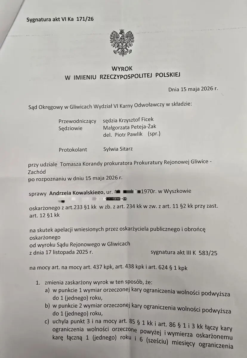 Skazanie Andrzeja Kowalskiego przez Sąd Rejonowy w Gliwicach
