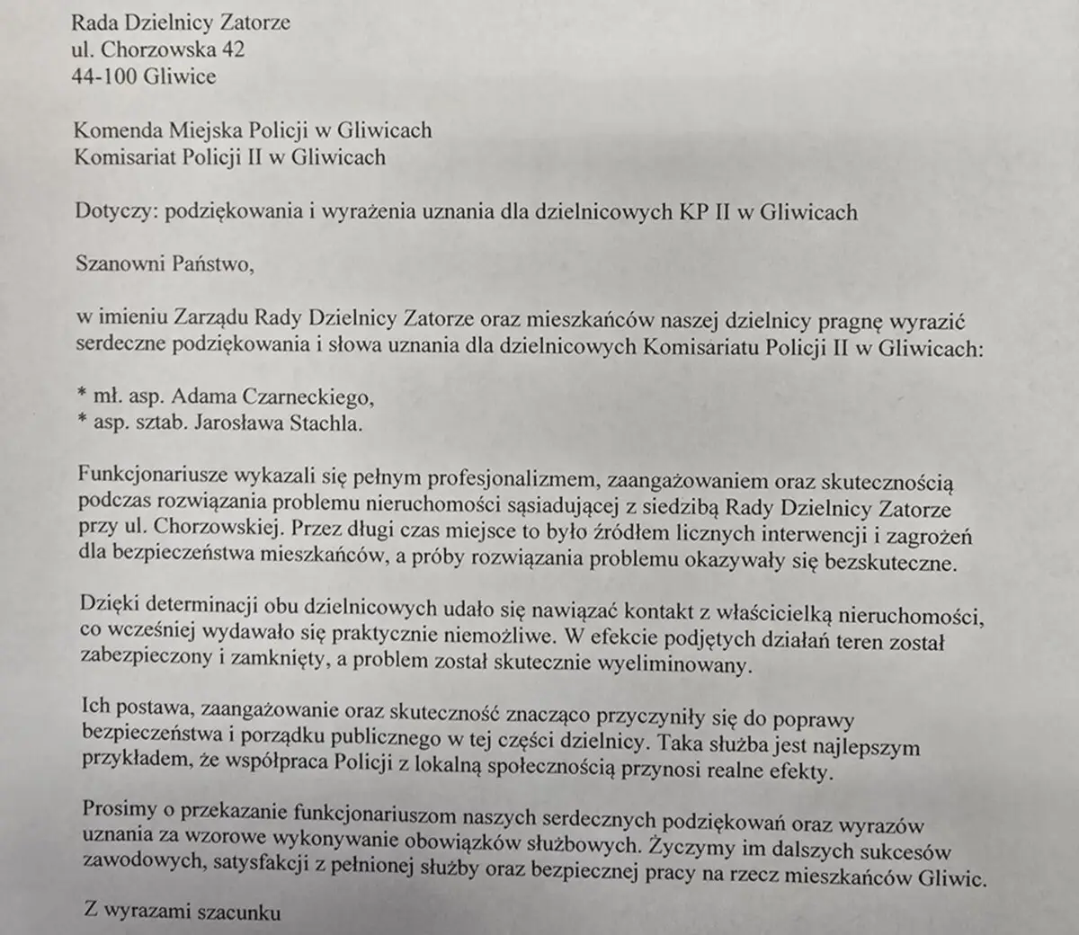 Podziękowania dla gliwickich dzielnicowych za ich pracę